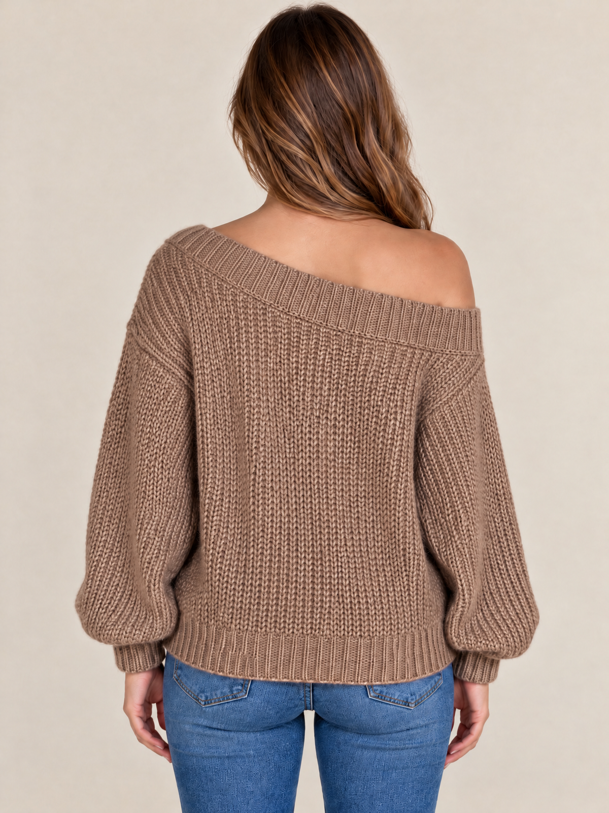 Taupe Chunky Knit Off-Shoulder Sweater With Oversized Bow Shoulder Detail