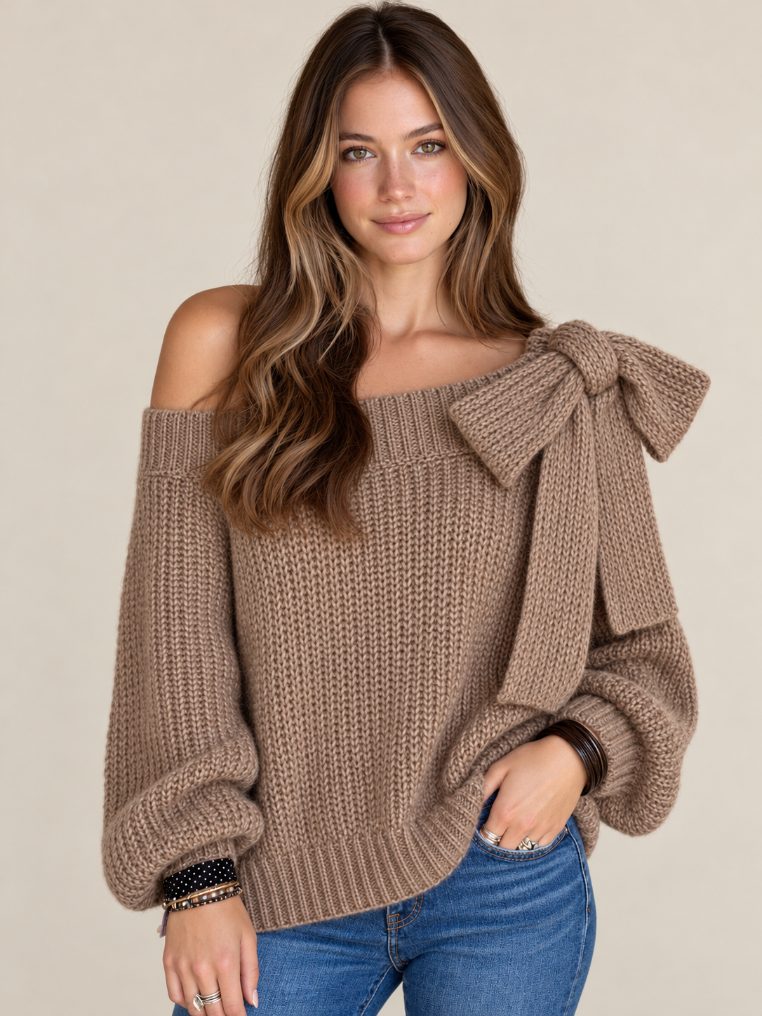 Taupe Chunky Knit Off-Shoulder Sweater With Oversized Bow Shoulder Detail