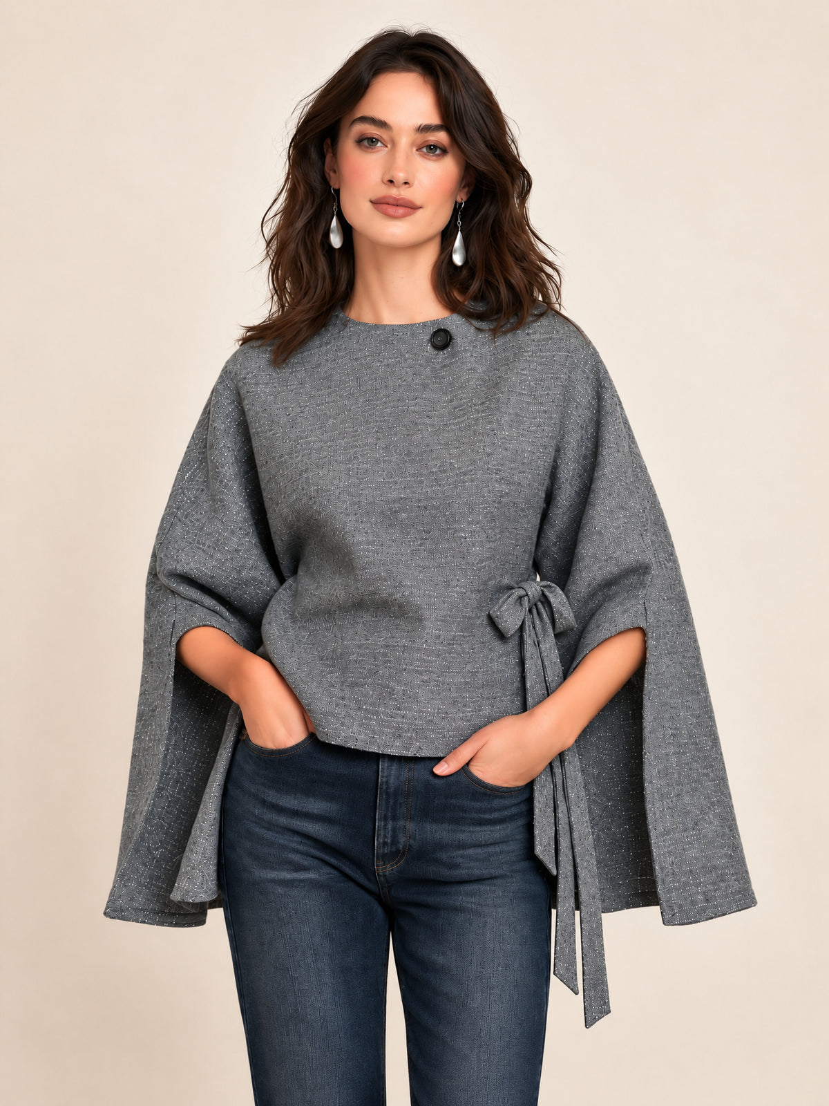 Grey Textured Cape Sleeve Top With Side Tie Waist