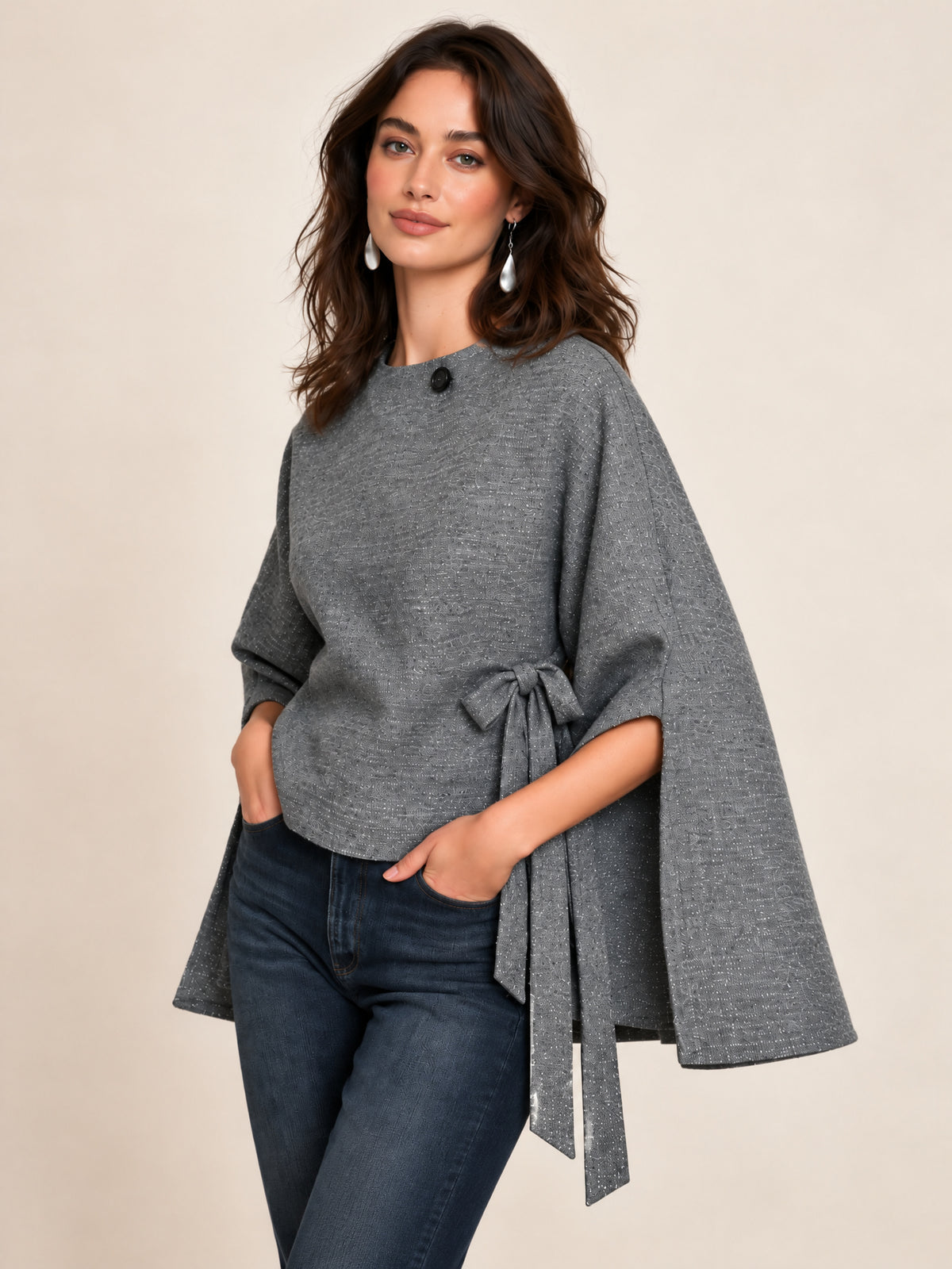 Grey Textured Cape Sleeve Top With Side Tie Waist