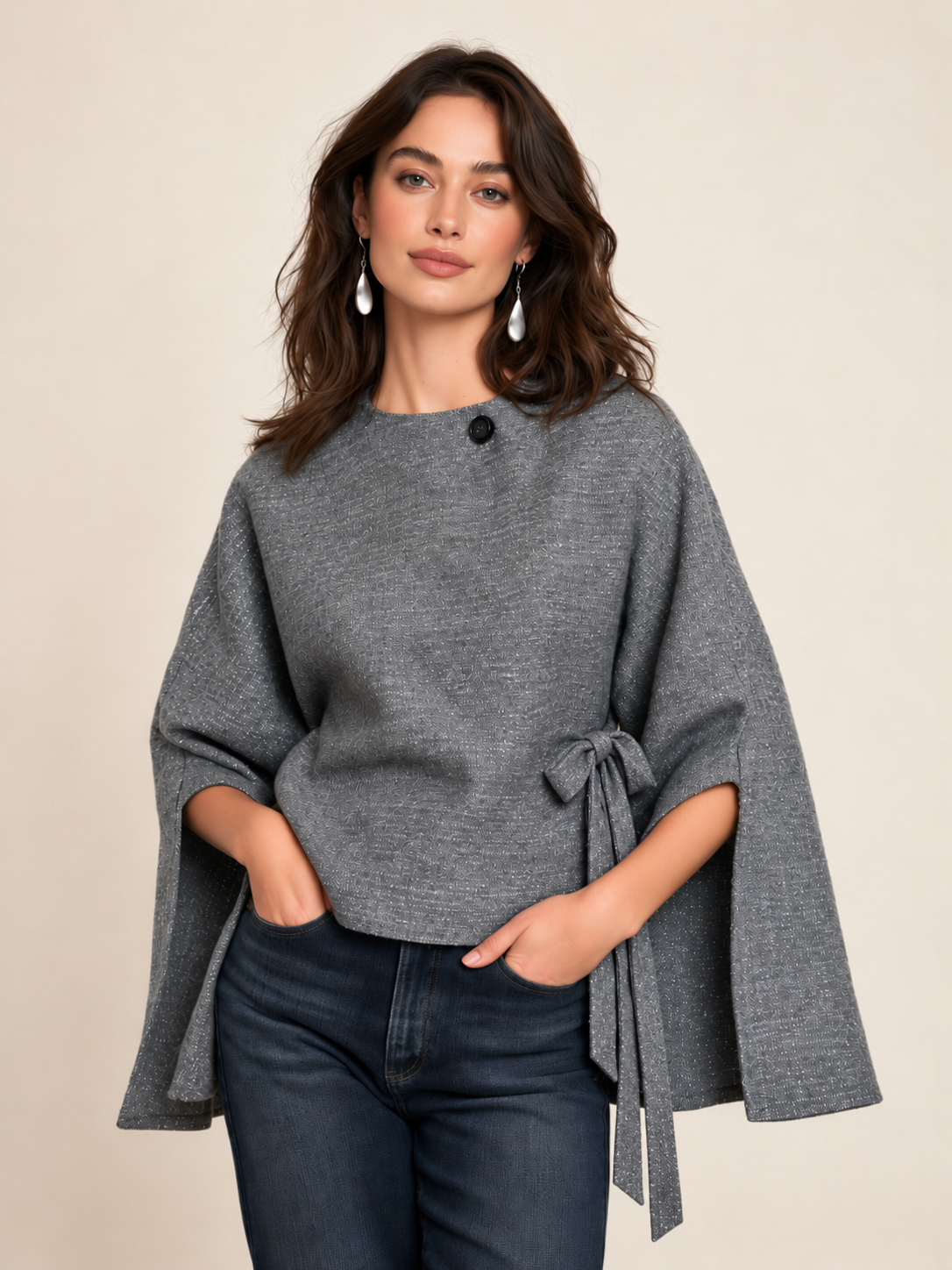 Grey Textured Cape Sleeve Top With Side Tie Waist
