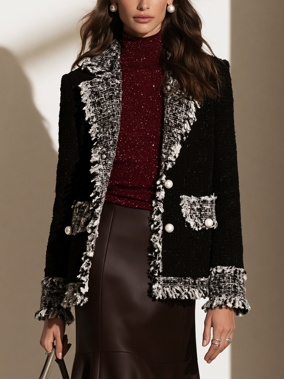 Black Tweed Fringe Trim Jacket Blazer