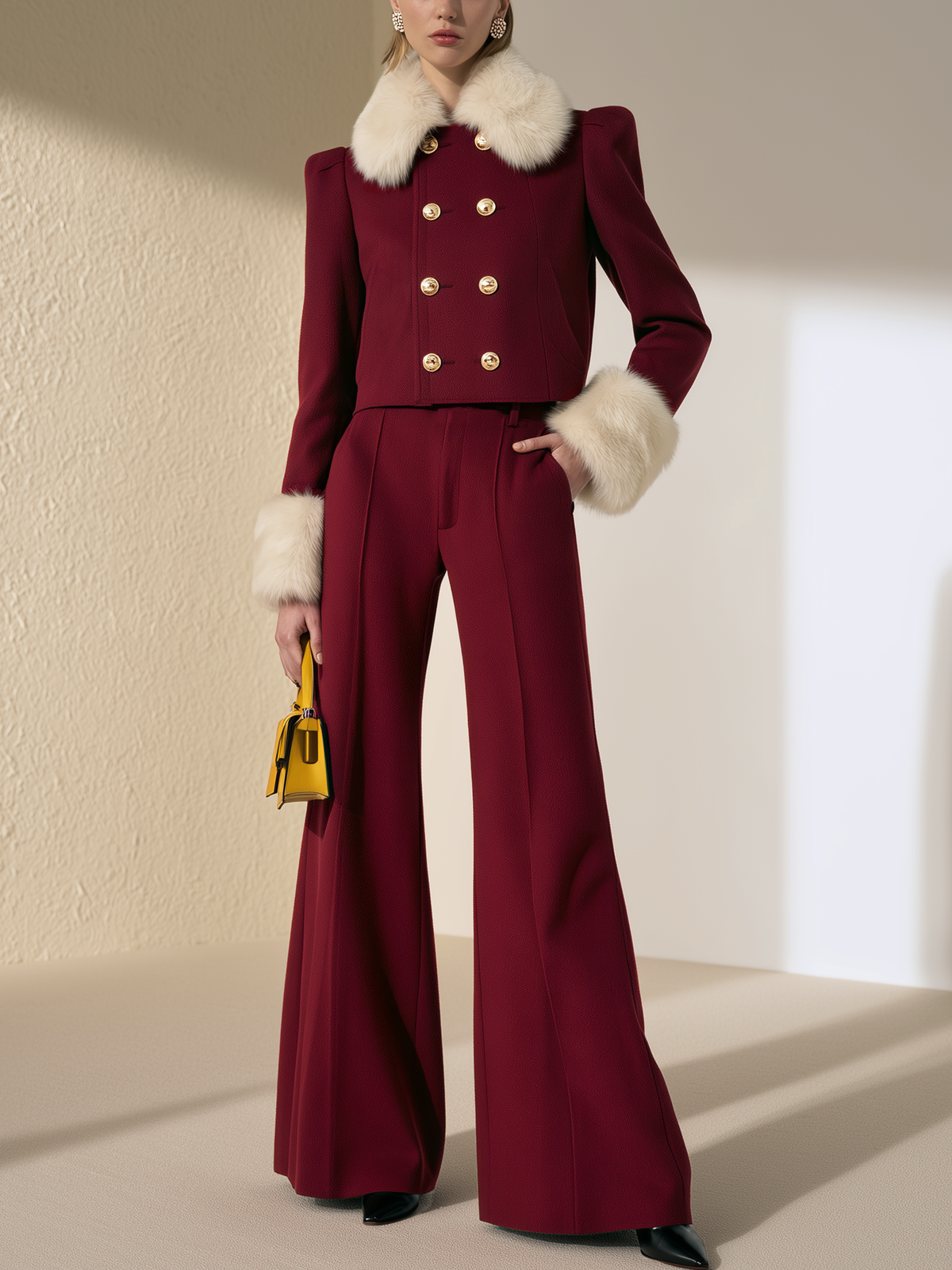 Burgundy Double Breasted Cropped Jacket High Waist Pleated Flare Pant Two-Piece Set