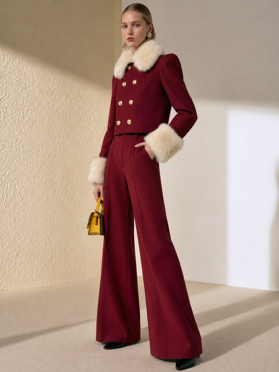 Burgundy Double Breasted Cropped Jacket High Waist Pleated Flare Pant Two-Piece Set