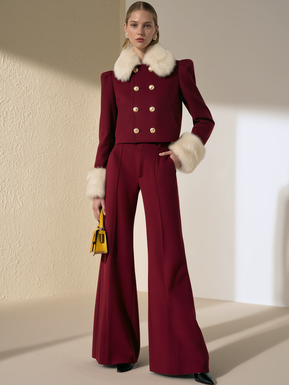 Burgundy Double Breasted Cropped Jacket High Waist Pleated Flare Pant Two-Piece Set