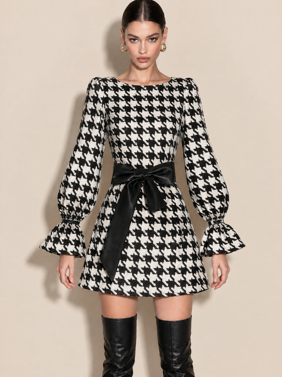 Houndstooth A-Line Mini Dress With Bell Cuffs And Leather Bow Belt