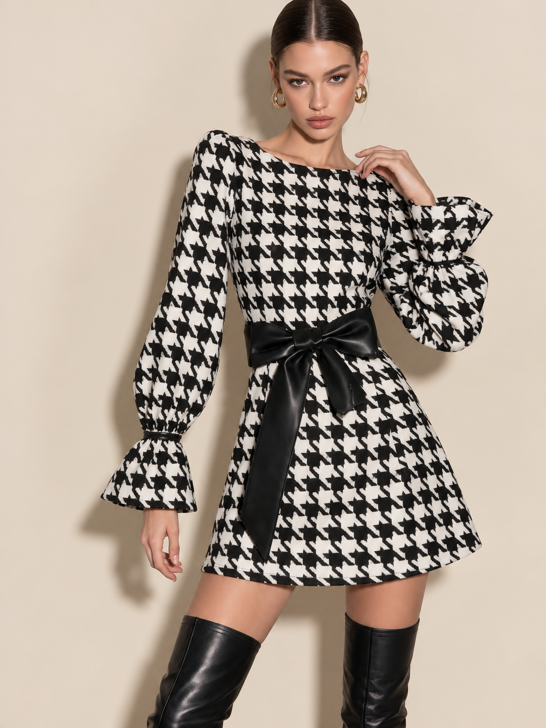 Houndstooth A-Line Mini Dress With Bell Cuffs And Leather Bow Belt
