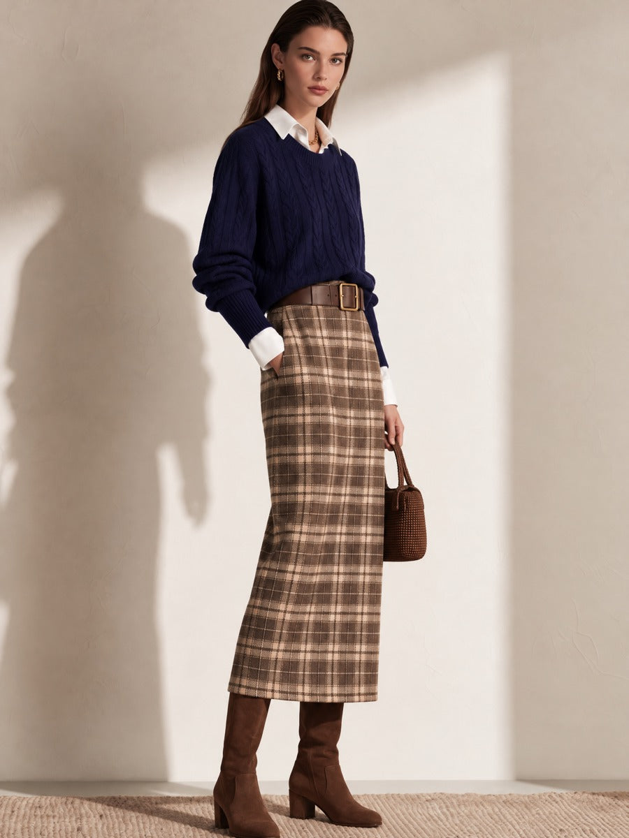 Navy Cable Knit Top Brown Plaid Straight Midi Skirt Set