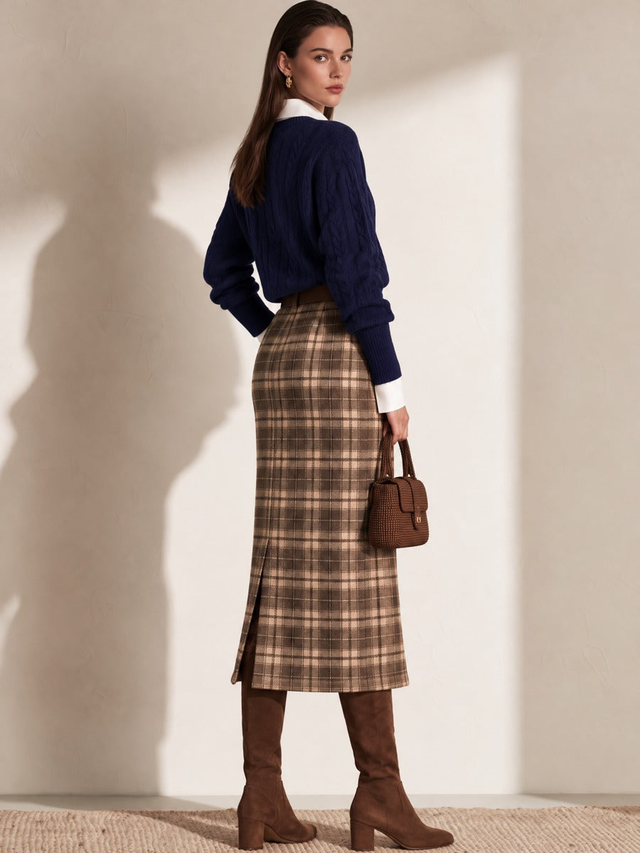 Navy Cable Knit Top Brown Plaid Straight Midi Skirt Set