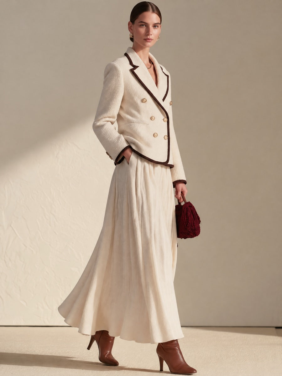 Cream Contrast Trim Tweed Blazer & Flowy Pleated Maxi Skirt Set