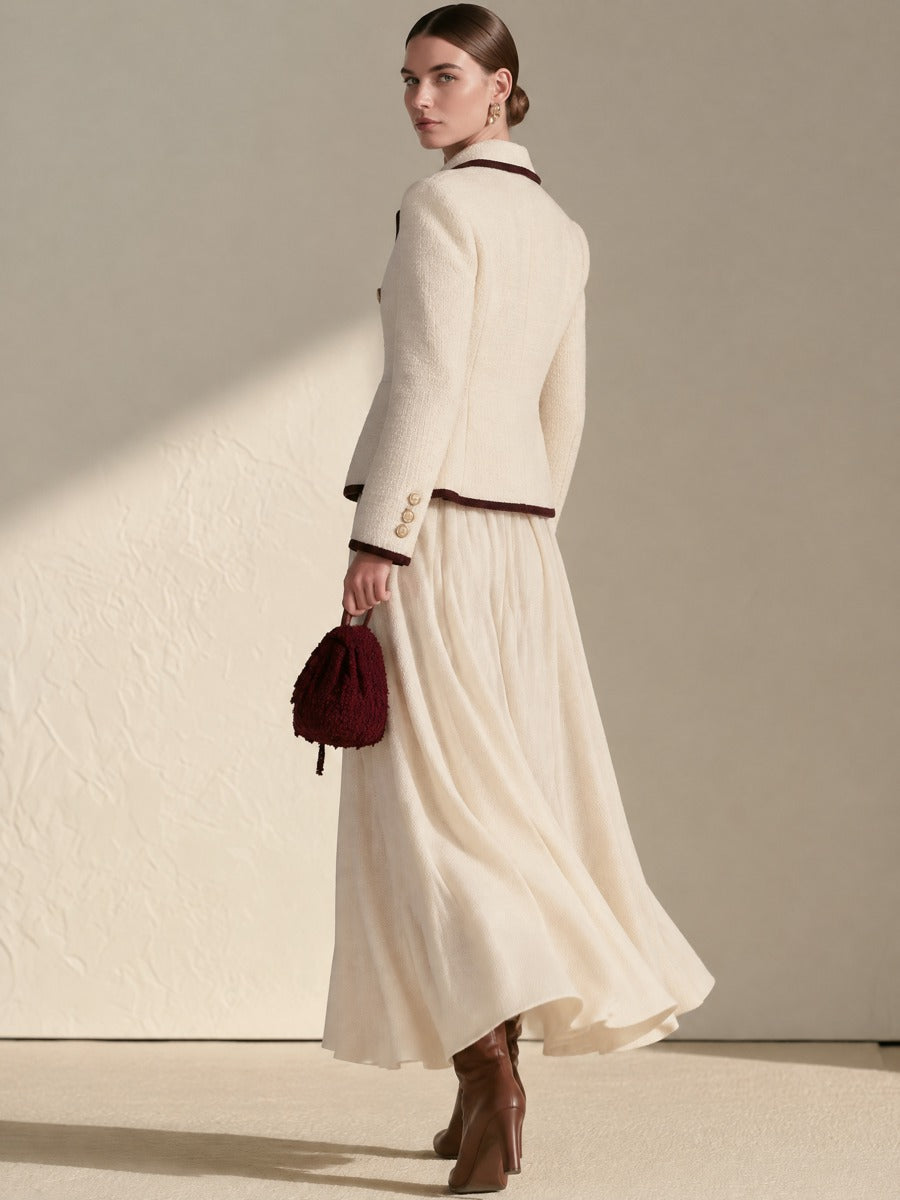 Cream Contrast Trim Tweed Blazer & Flowy Pleated Maxi Skirt Set