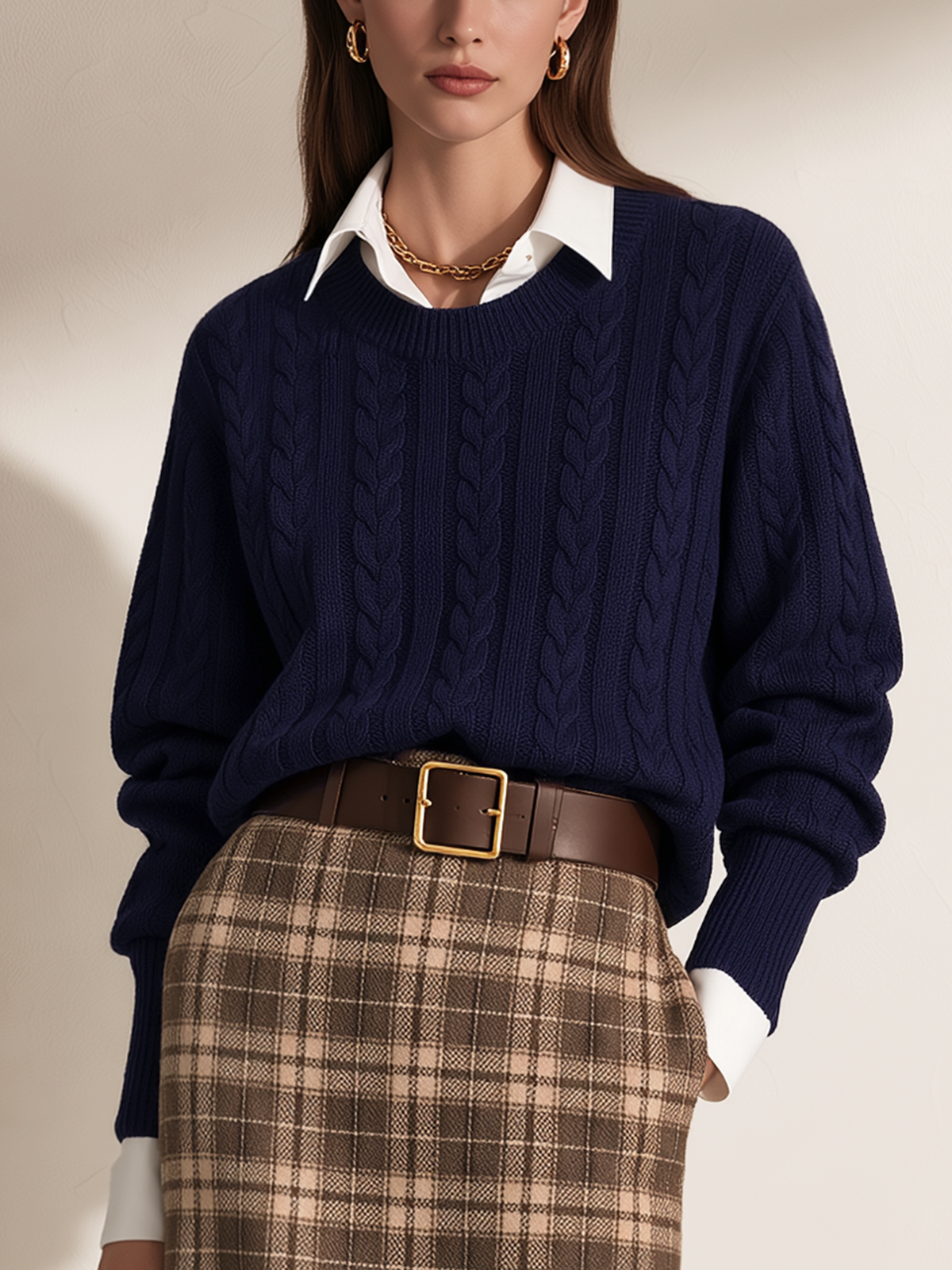 Navy Crewneck Cable Knit Faux Two-Piece Collared Sweater