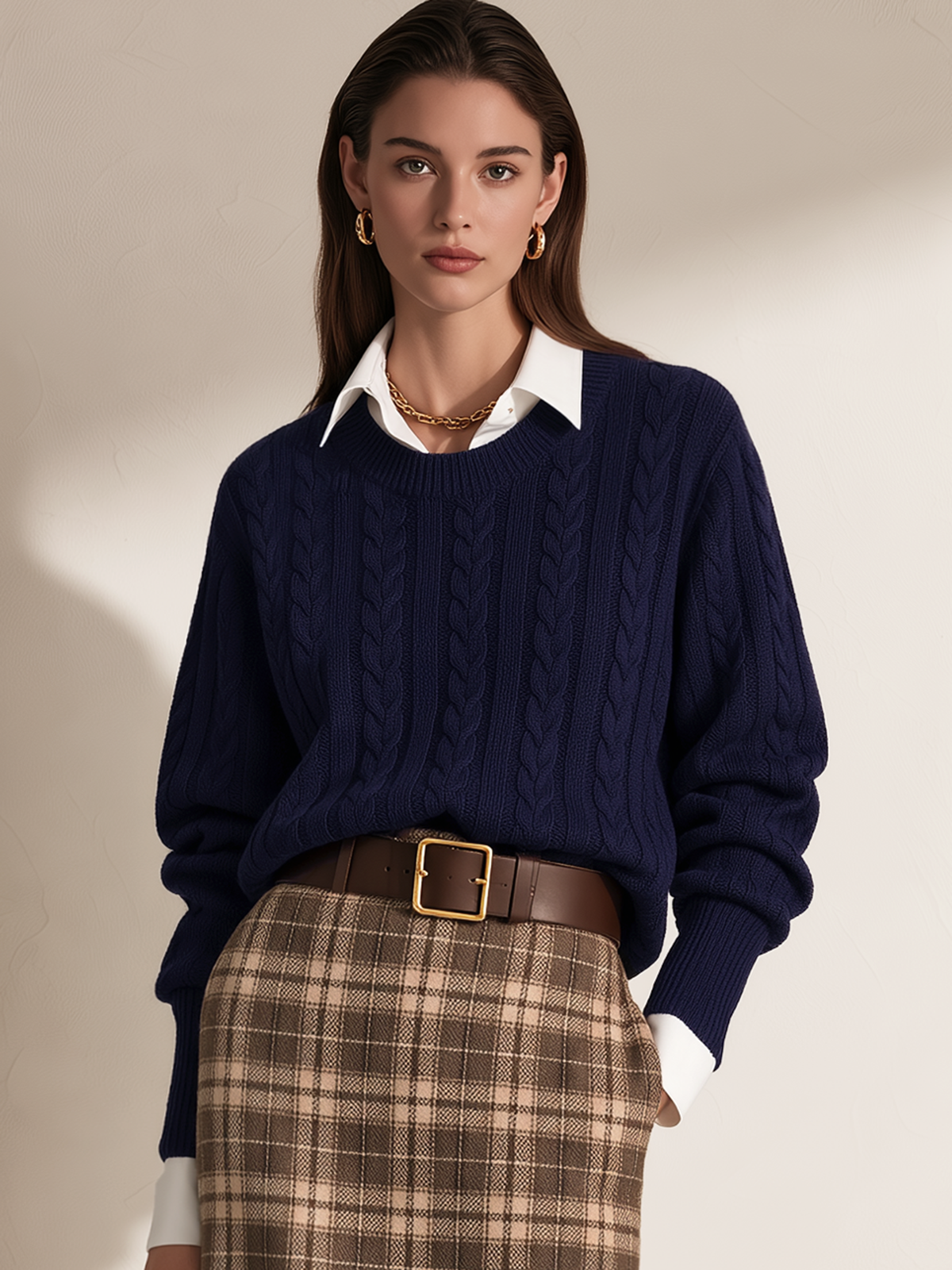 Navy Crewneck Cable Knit Faux Two-Piece Collared Sweater
