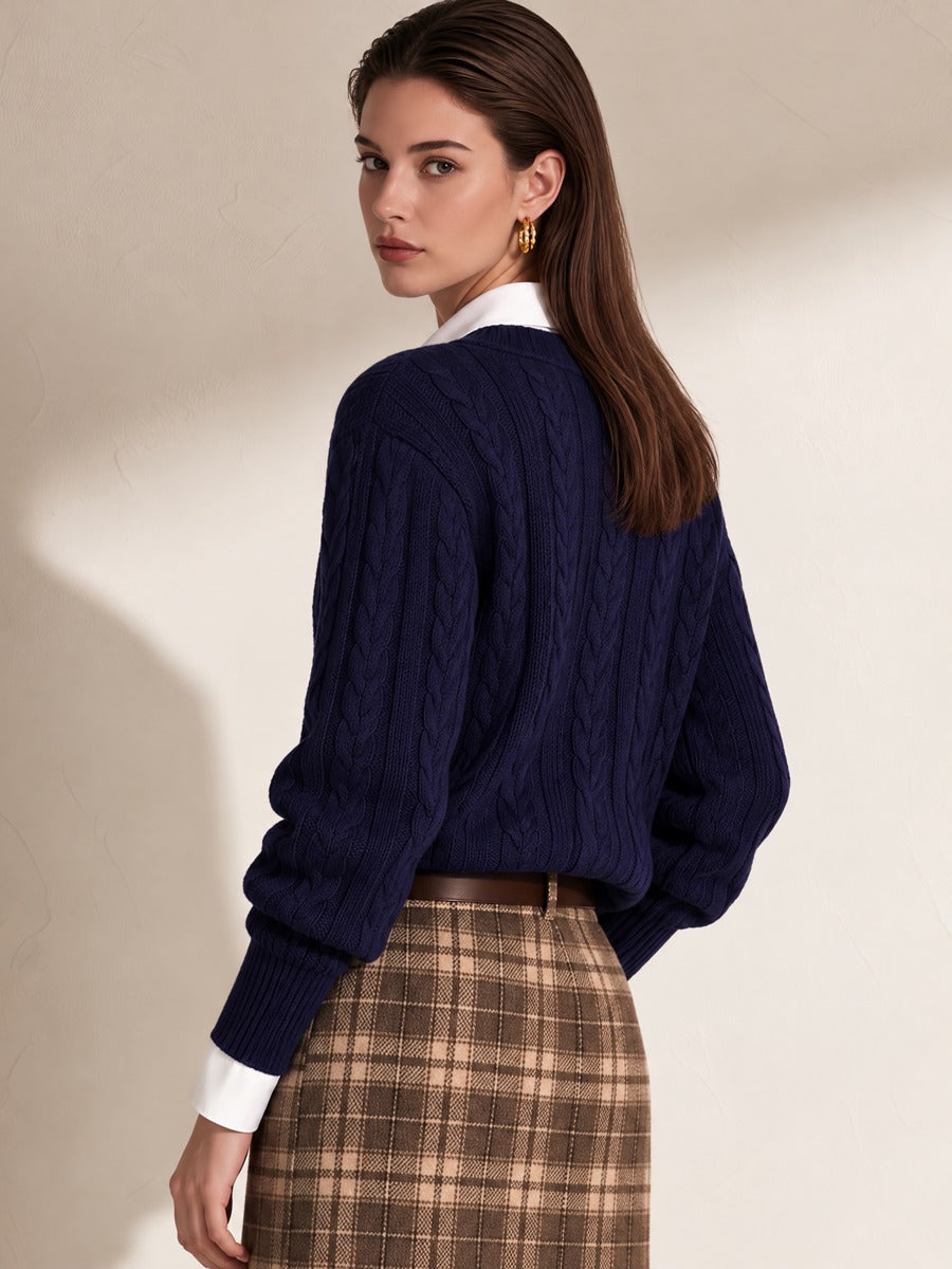 Navy Crewneck Cable Knit Faux Two-Piece Collared Sweater