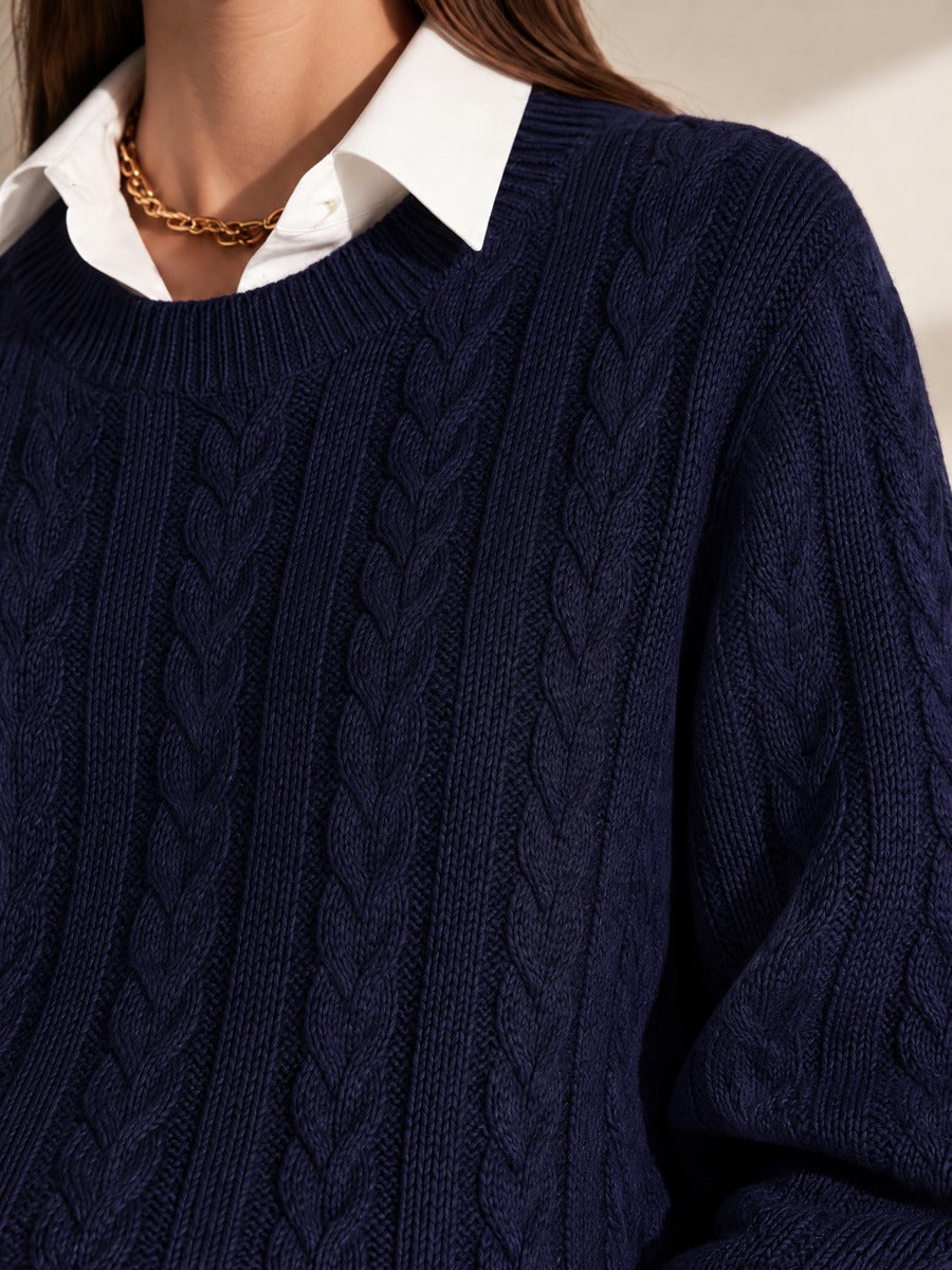 Navy Crewneck Cable Knit Faux Two-Piece Collared Sweater