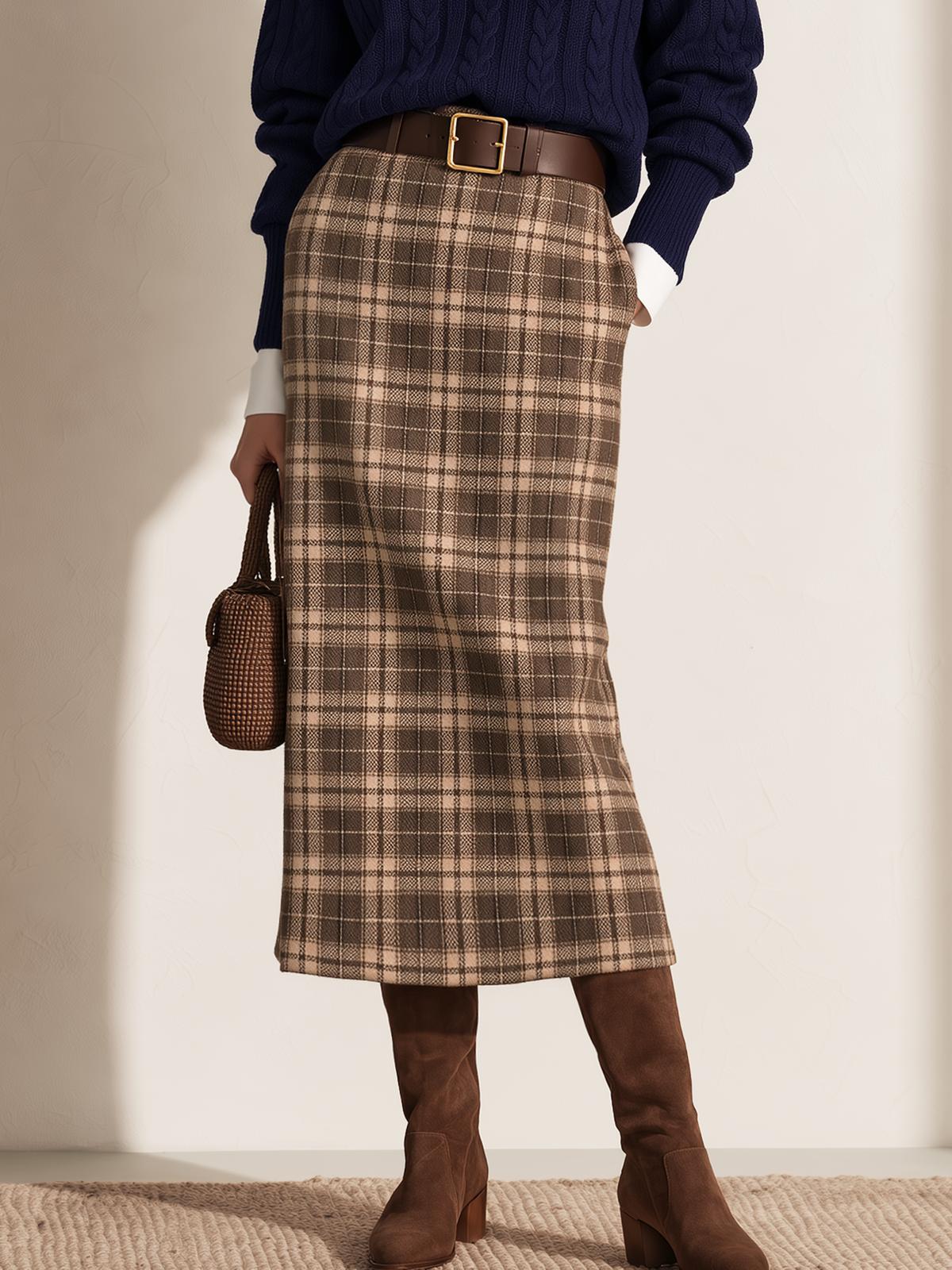 Coffee Brown Vintage Plaid High Waist Straight Wool Blend Midi Skirt