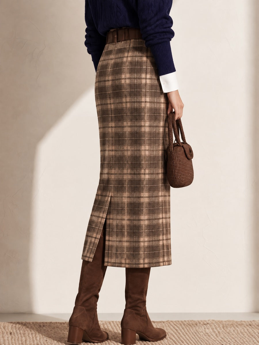 Coffee Brown Vintage Plaid High Waist Straight Wool Blend Midi Skirt