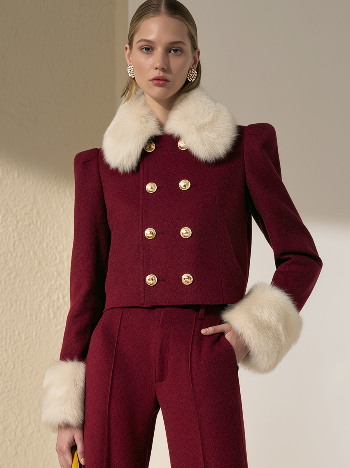 Burgundy Double Gold Button Padded Shoulder Cropped Jacket