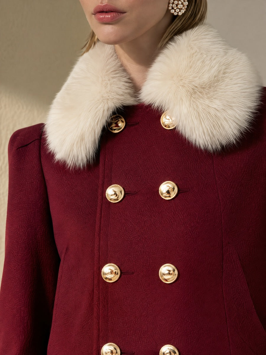Burgundy Double Gold Button Padded Shoulder Cropped Jacket