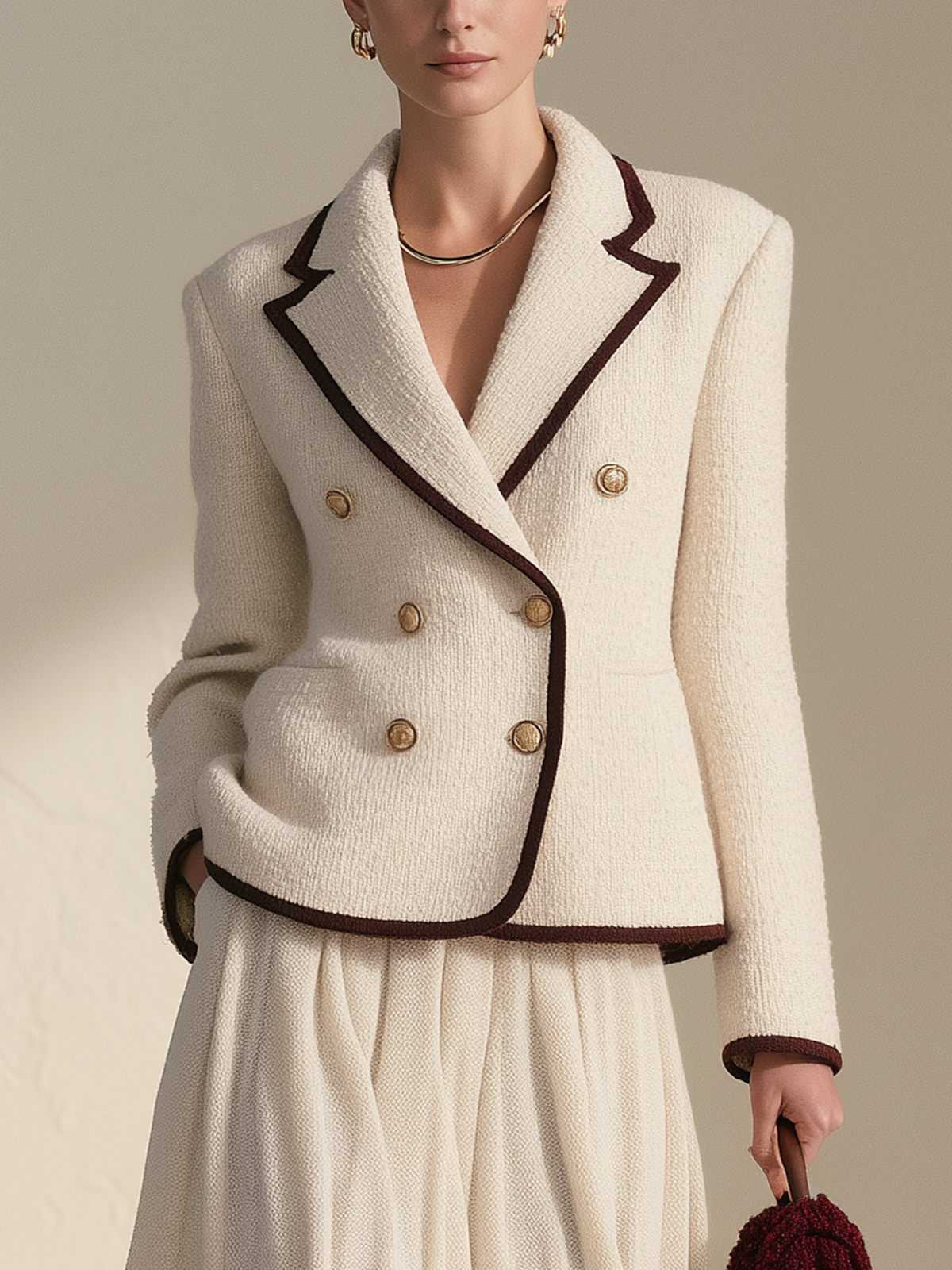 Cream Burgundy Contrast Trim Fitted Double Breasted Tweed Blazer