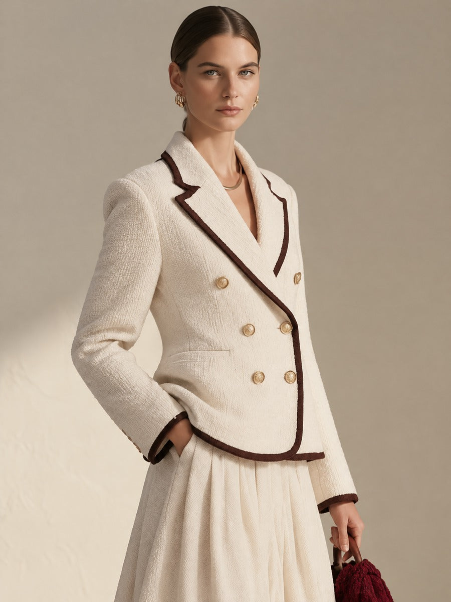 Cream Burgundy Contrast Trim Fitted Double Breasted Tweed Blazer