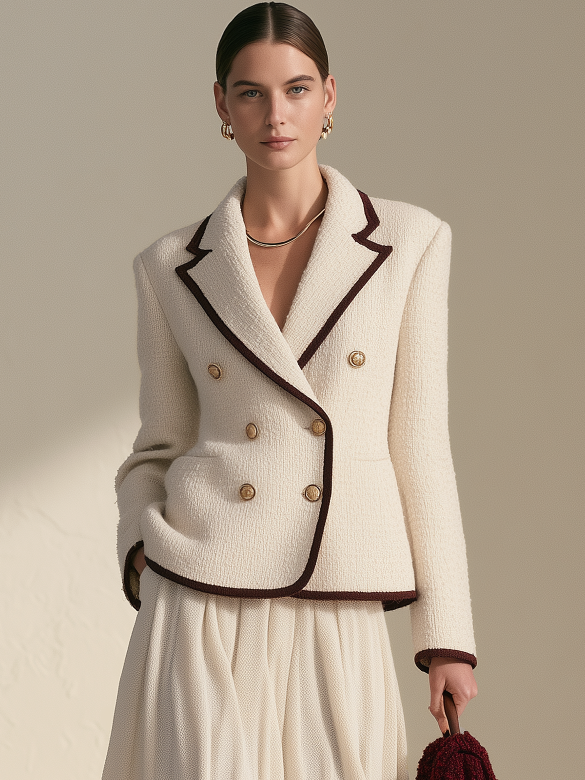 Cream Burgundy Contrast Trim Fitted Double Breasted Tweed Blazer