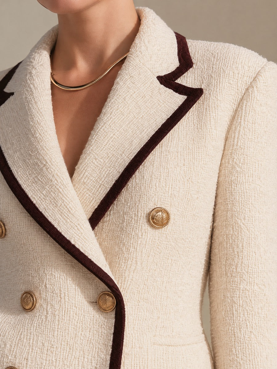 Cream Burgundy Contrast Trim Fitted Double Breasted Tweed Blazer