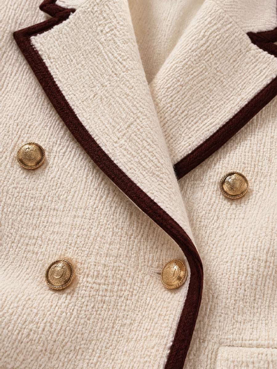 Cream Burgundy Contrast Trim Fitted Double Breasted Tweed Blazer
