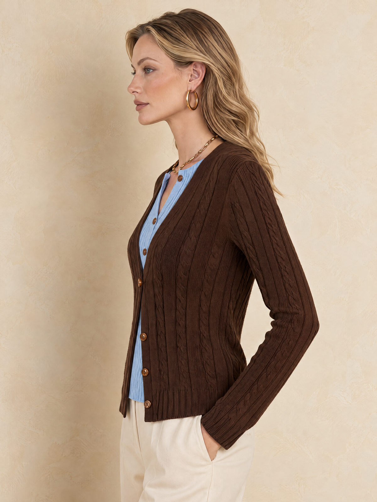 Brown Light Blue Contrast Faux Two-Piece Wool Knit Top