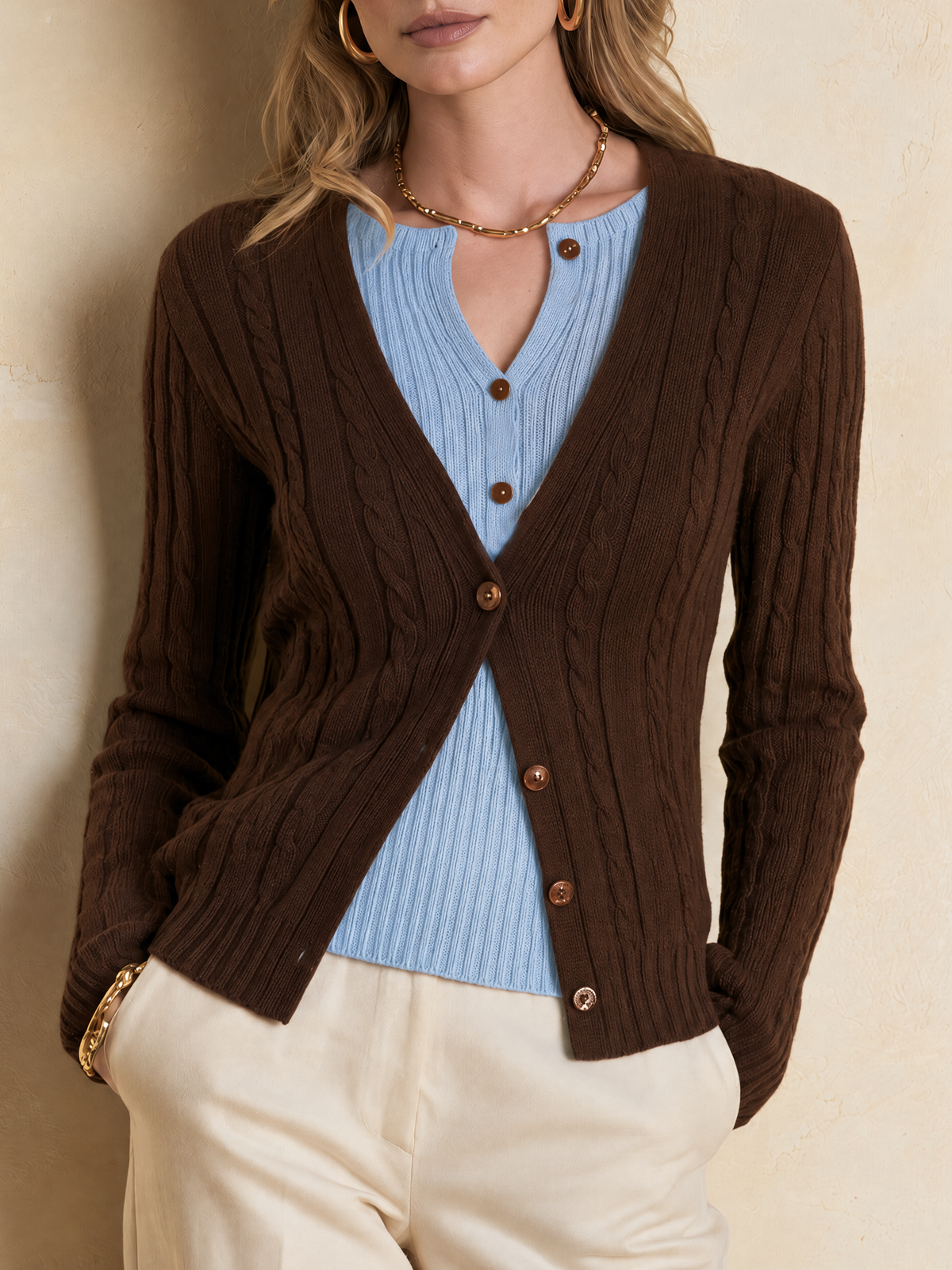 Brown Light Blue Contrast Faux Two-Piece Wool Knit Top