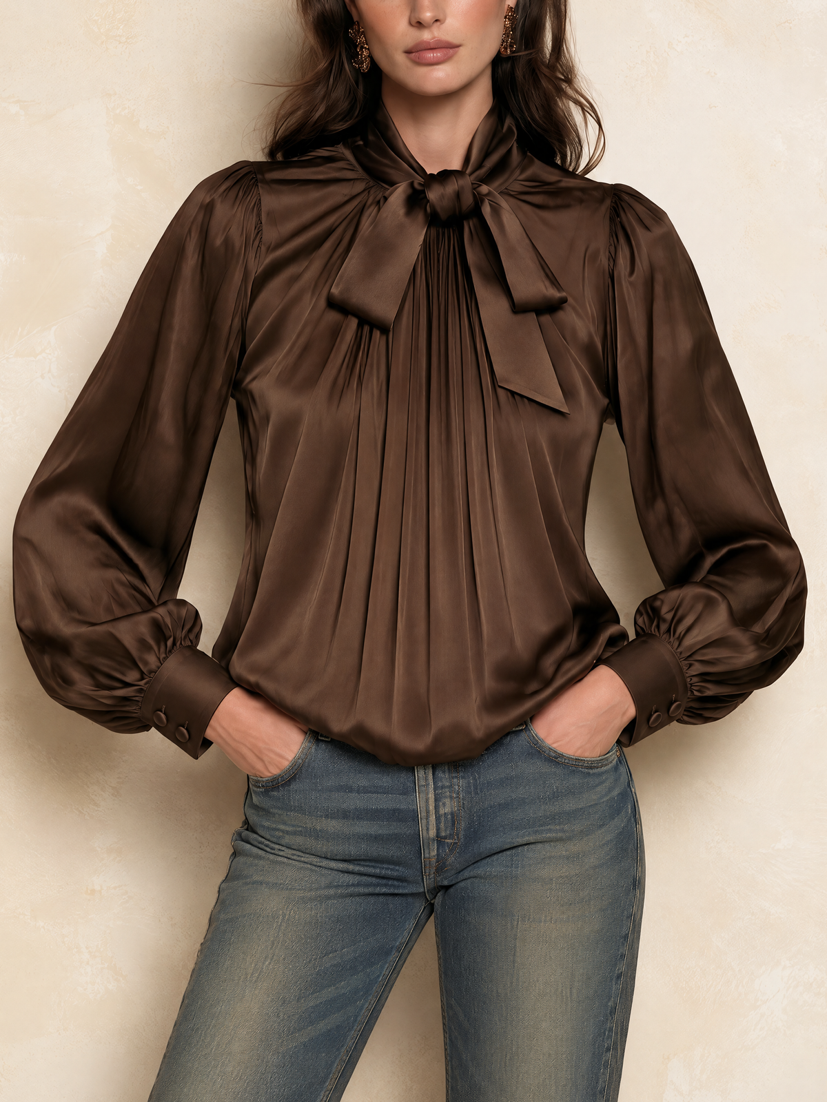 Chocolate Brown Bow Neck Gathered Satin Blouse