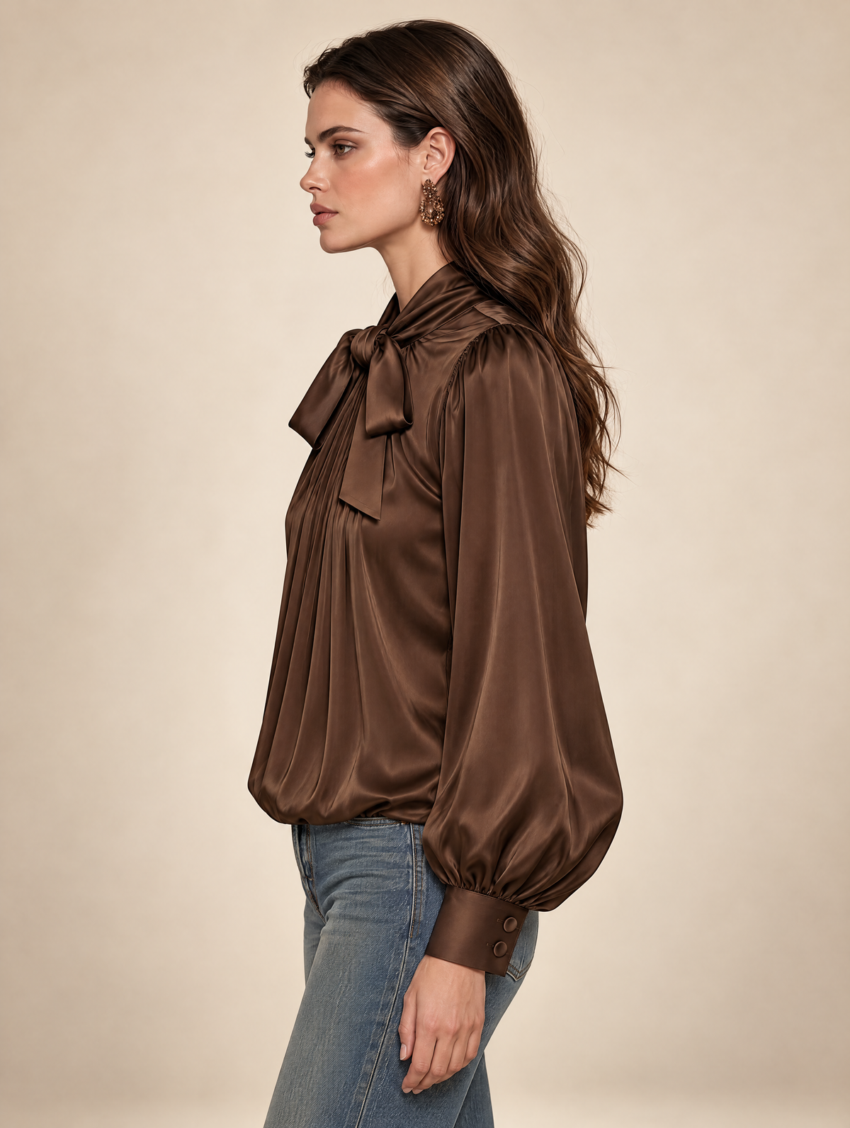 Chocolate Brown Bow Neck Gathered Satin Blouse