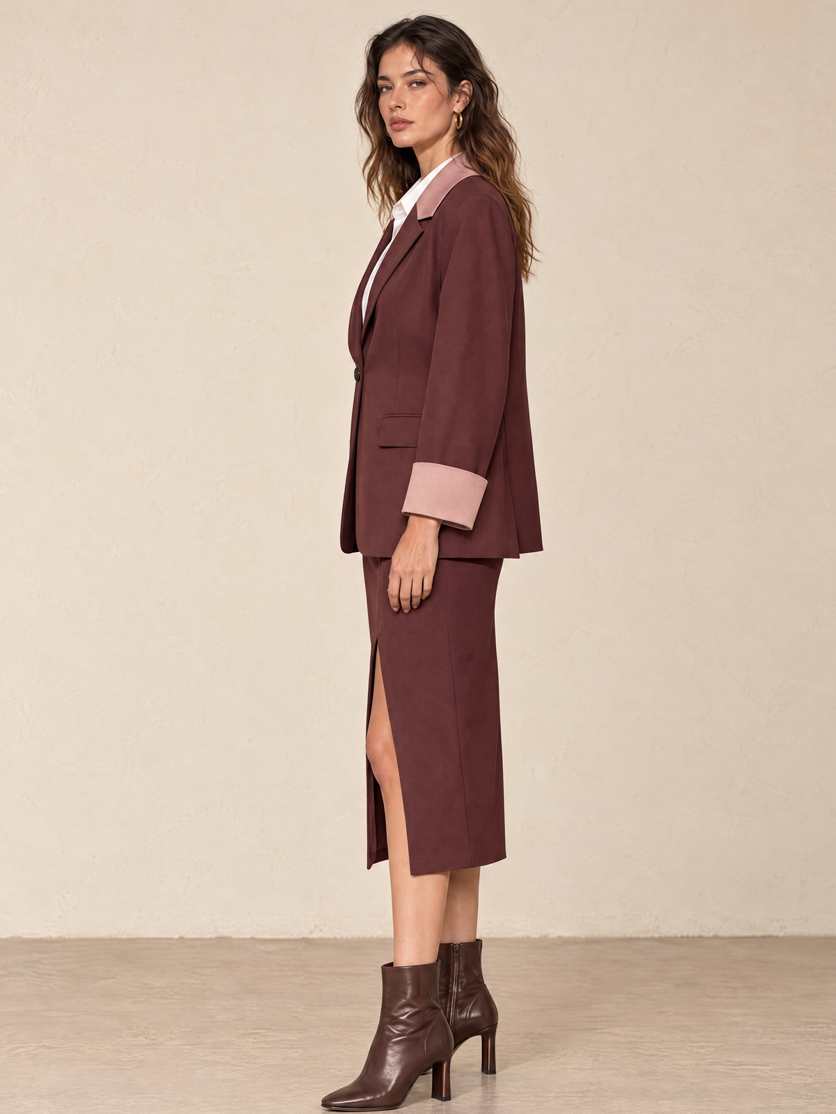Plum Purple And Pink Contrast Panel Blazer And Slit Skirt Set