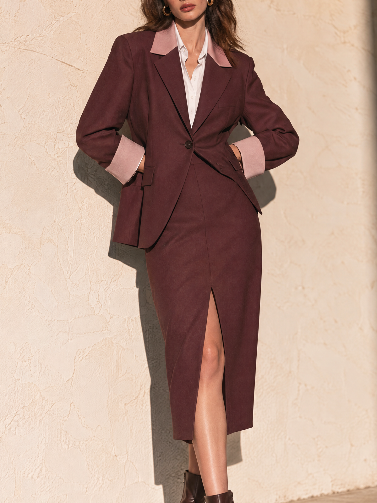Plum Purple And Pink Contrast Panel Blazer And Slit Skirt Set