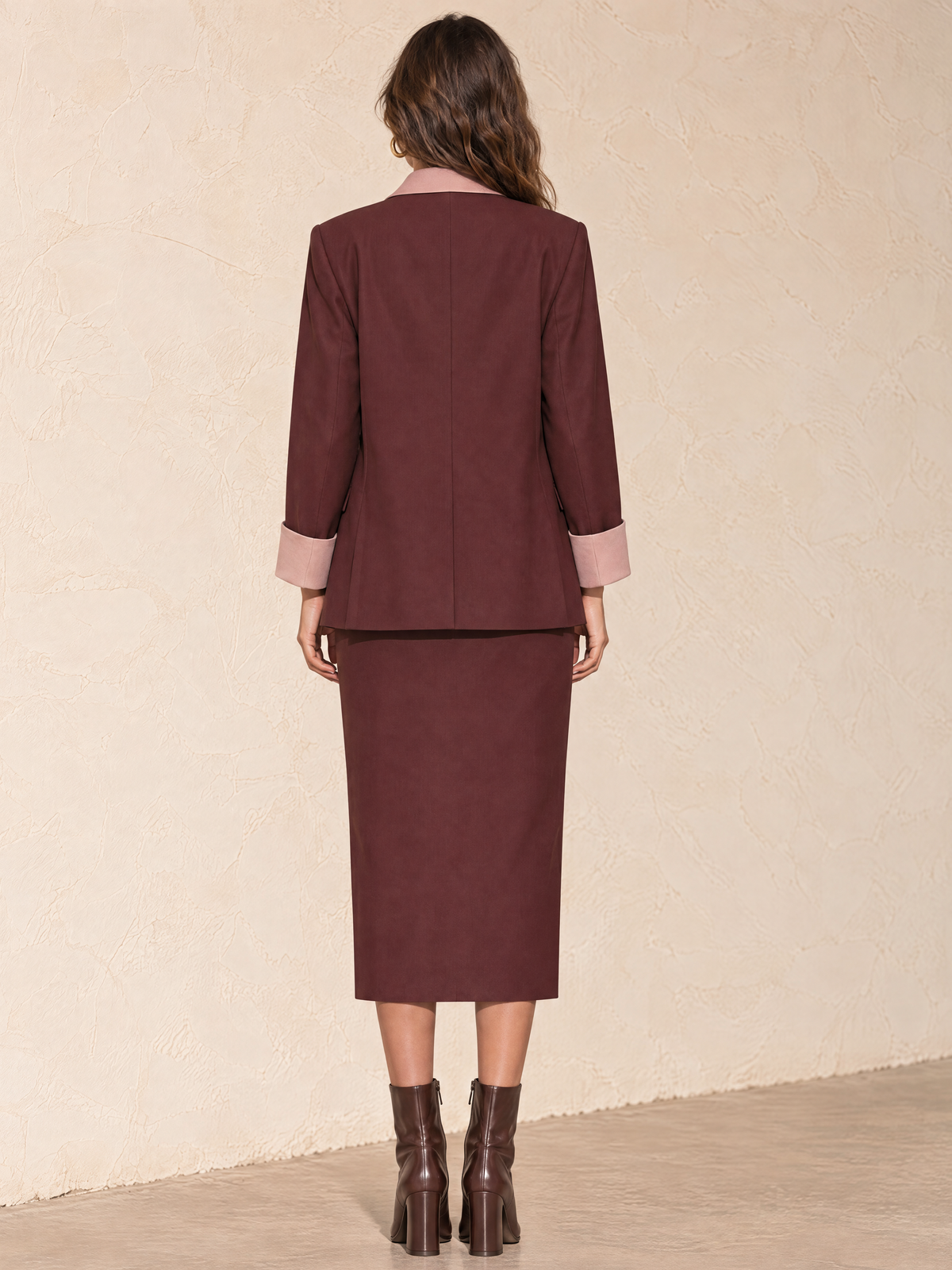 Plum Purple And Pink Contrast Panel Blazer And Slit Skirt Set