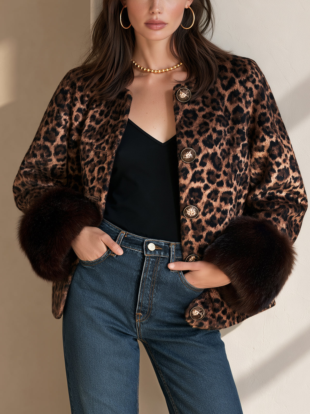 Brown Leopard Wool Blend Faux Fur Cuffs Jacket Coat