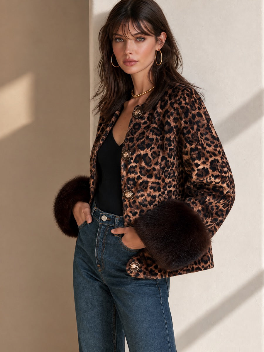 Brown Leopard Wool Blend Faux Fur Cuffs Jacket Coat