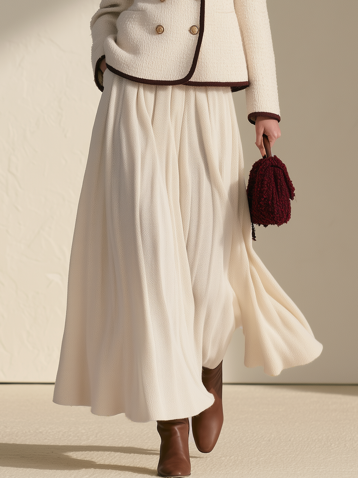 Cream High Waist Pleated Flowy Maxi Skirt