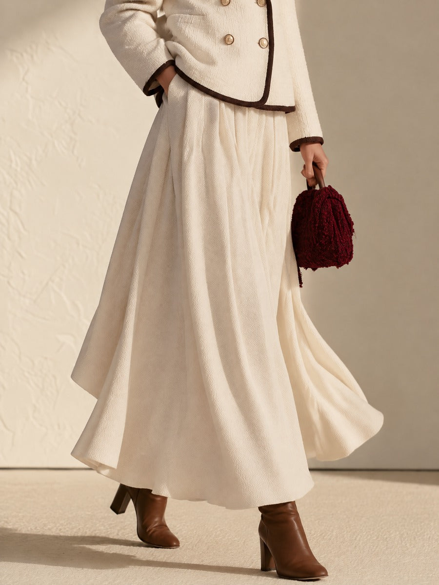 Cream High Waist Pleated Flowy Maxi Skirt