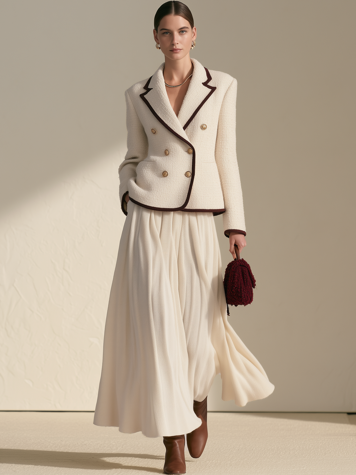 Cream High Waist Pleated Flowy Maxi Skirt
