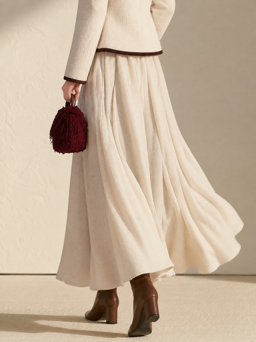 Cream High Waist Pleated Flowy Maxi Skirt