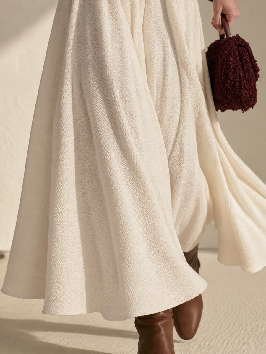 Cream High Waist Pleated Flowy Maxi Skirt