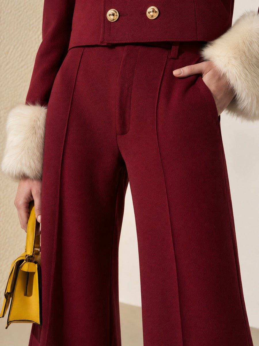 Burgundy Structured Draping High Waist Flare Wide Leg Trousers