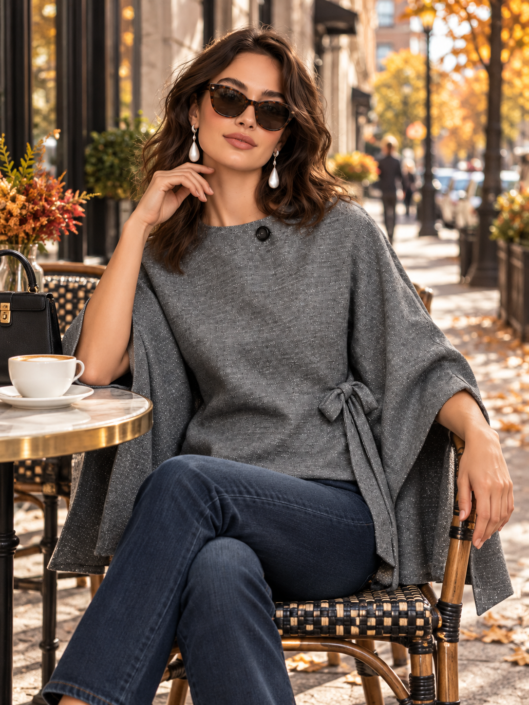 Grey Textured Cape Sleeve Top With Side Tie Waist