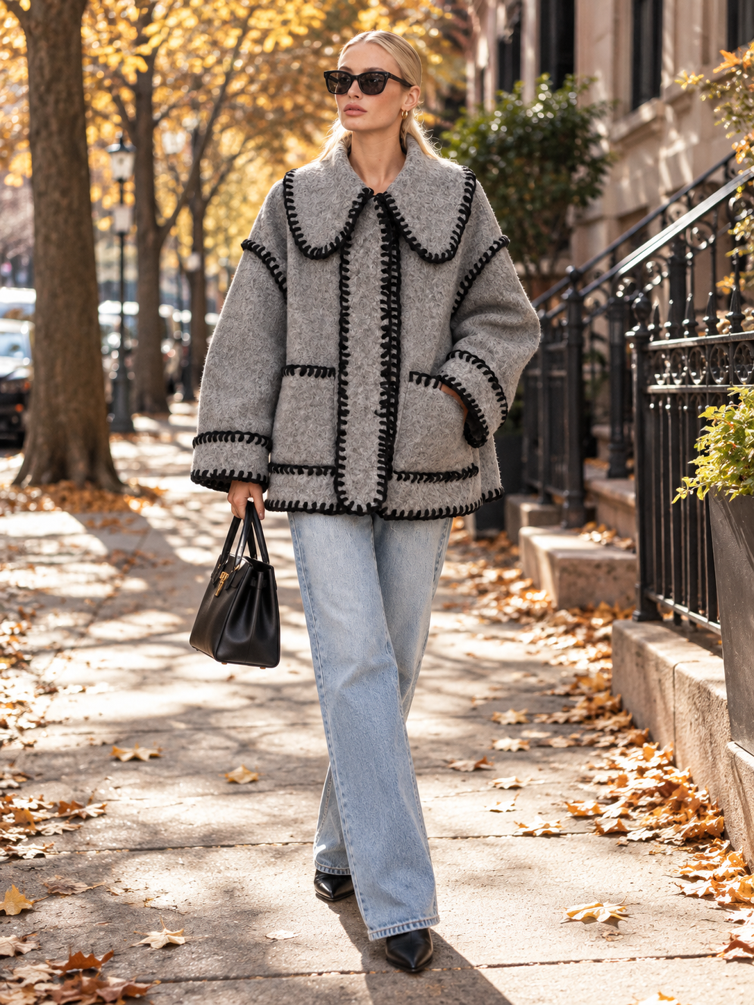 Grey Bouclé Wool-Blend Jacket With Contrast Black Blanket Stitch Trim
