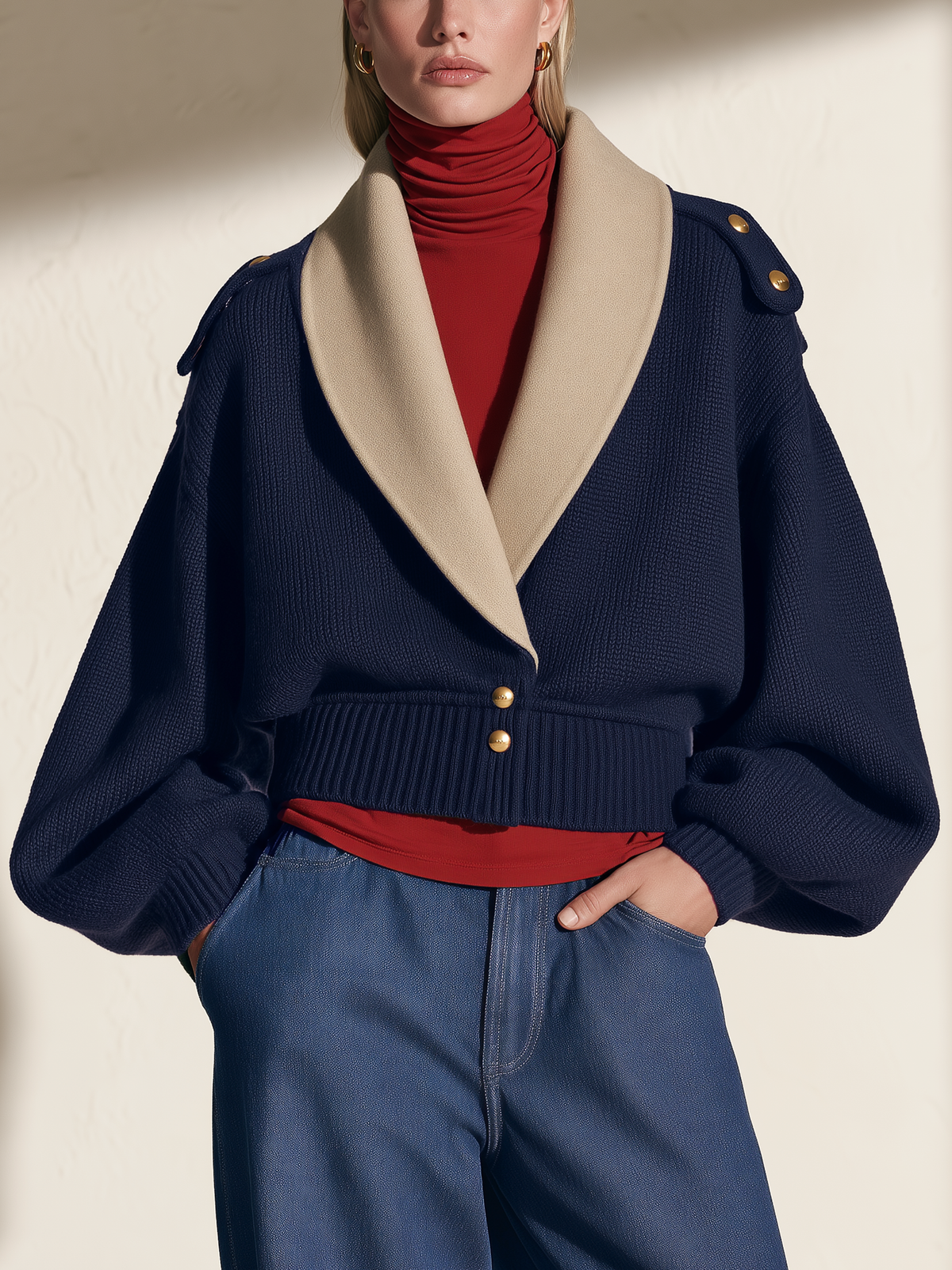 Navy Contrast Lapel Cropped Knit Cardigan