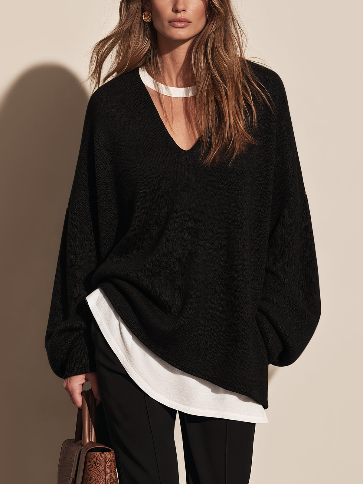 Oversized Black V-Neck Layered Knit Pullover Sweater