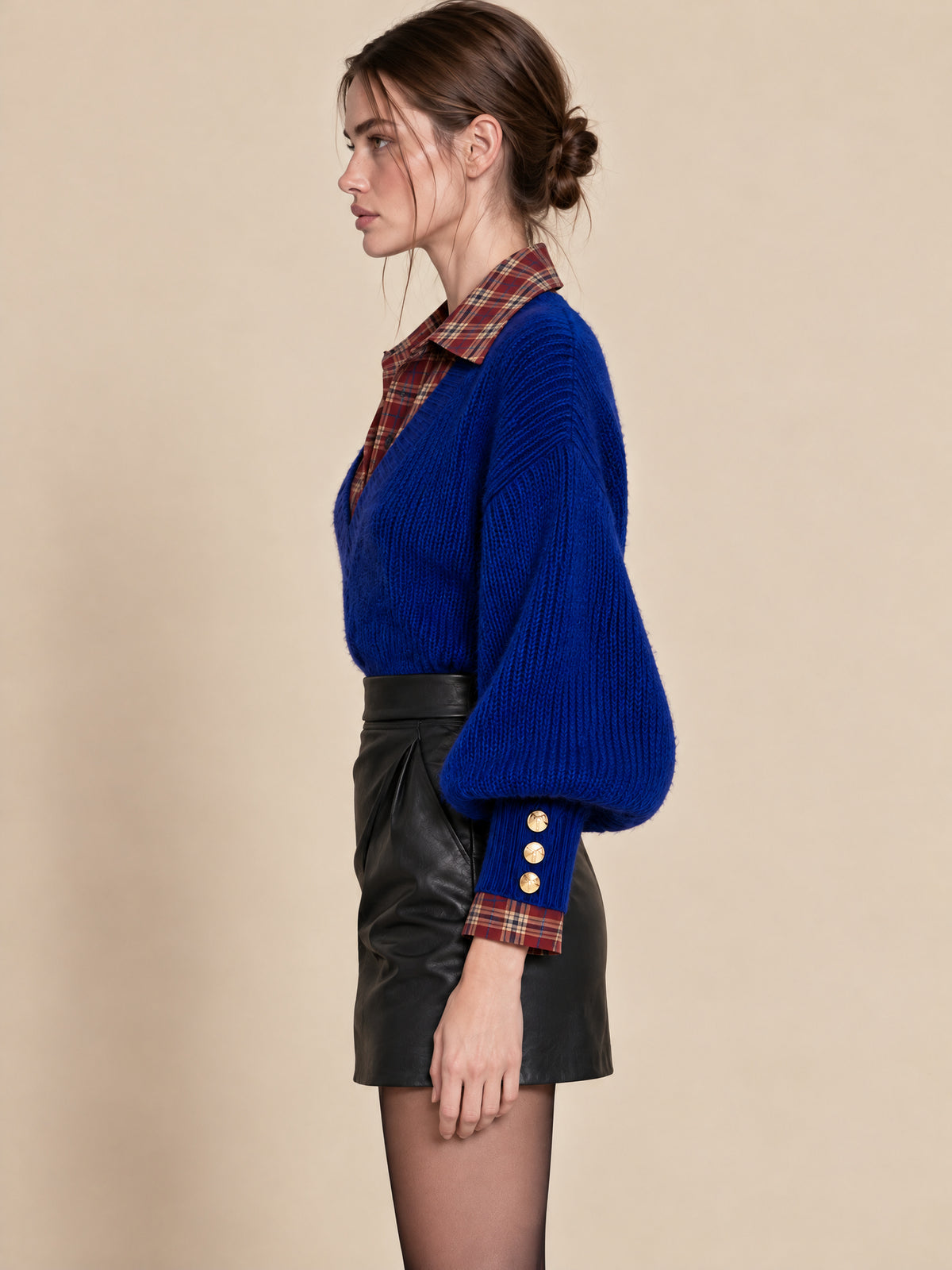 Cobalt Blue Faux Two-Piece Sweater with Plaid Detail