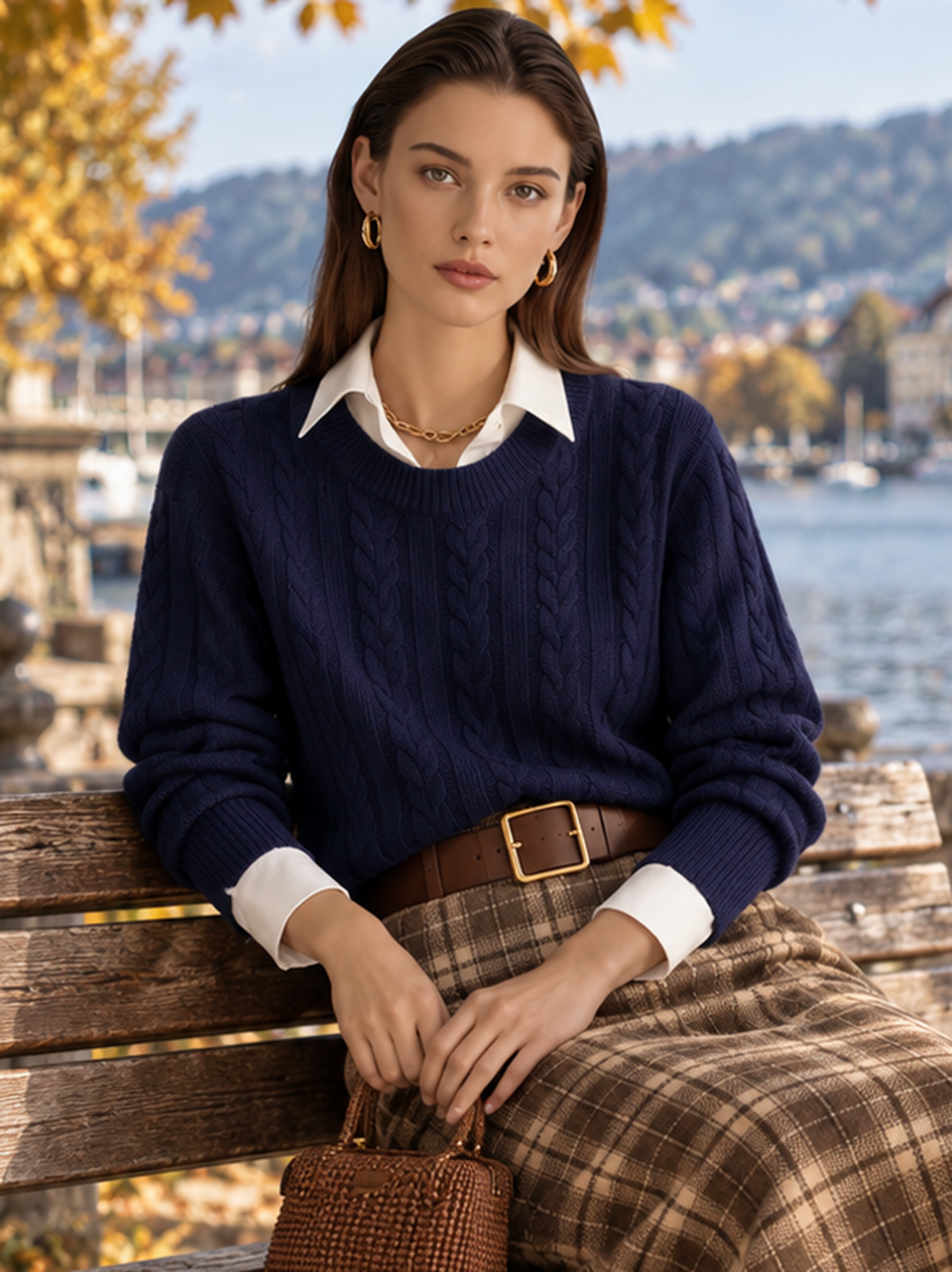 Navy Crewneck Cable Knit Faux Two-Piece Collared Sweater