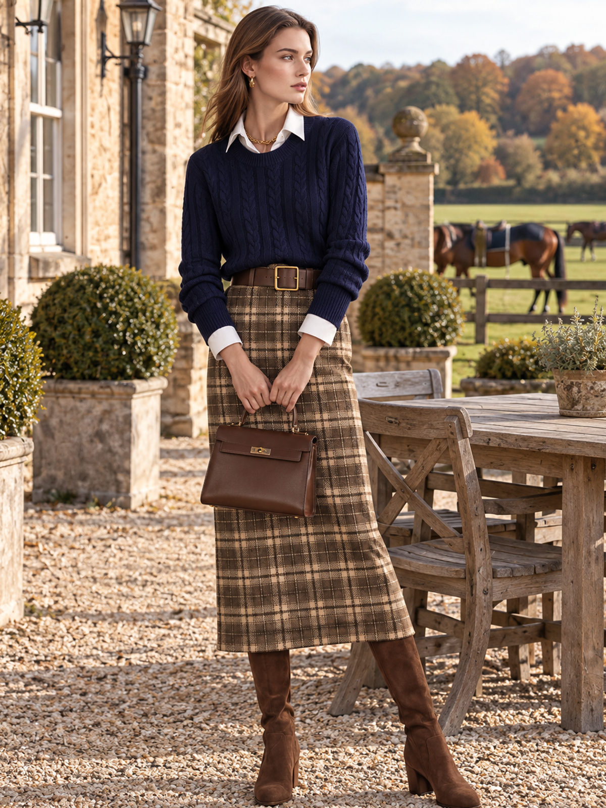 Navy Cable Knit Top Brown Plaid Straight Midi Skirt Set